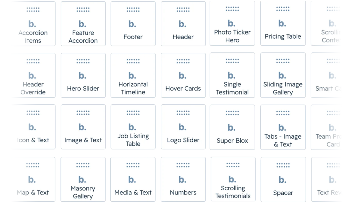Grid of 35+ blox theme modules including Accordion, Hero Slider, Pricing Table, Testimonial, Feature Grid and more