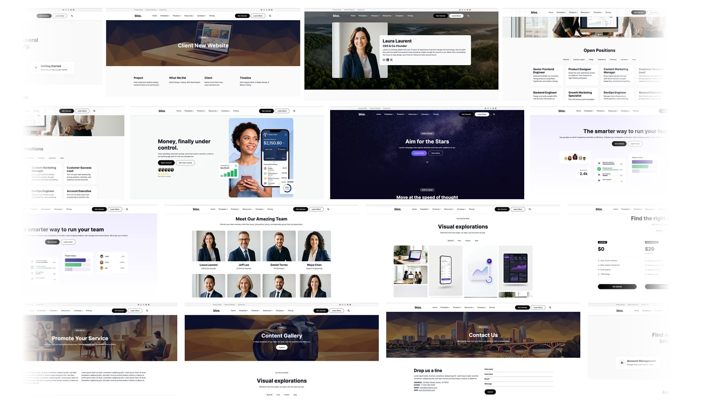 Grid of 20+ blox theme page templates including homepage variations, about, pricing, contact, services, gallery and more