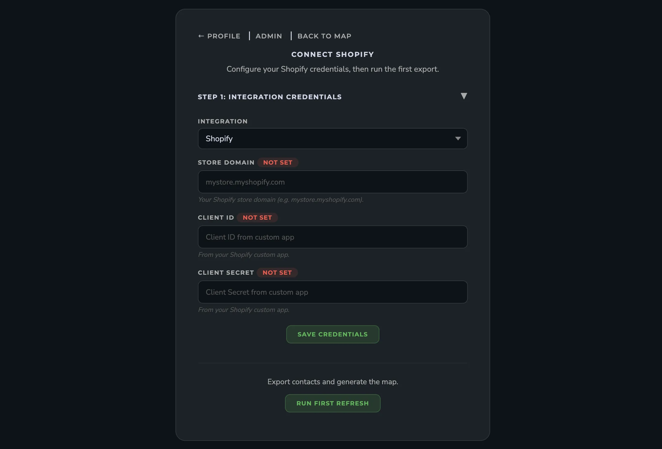 GeoList CRM connection screen