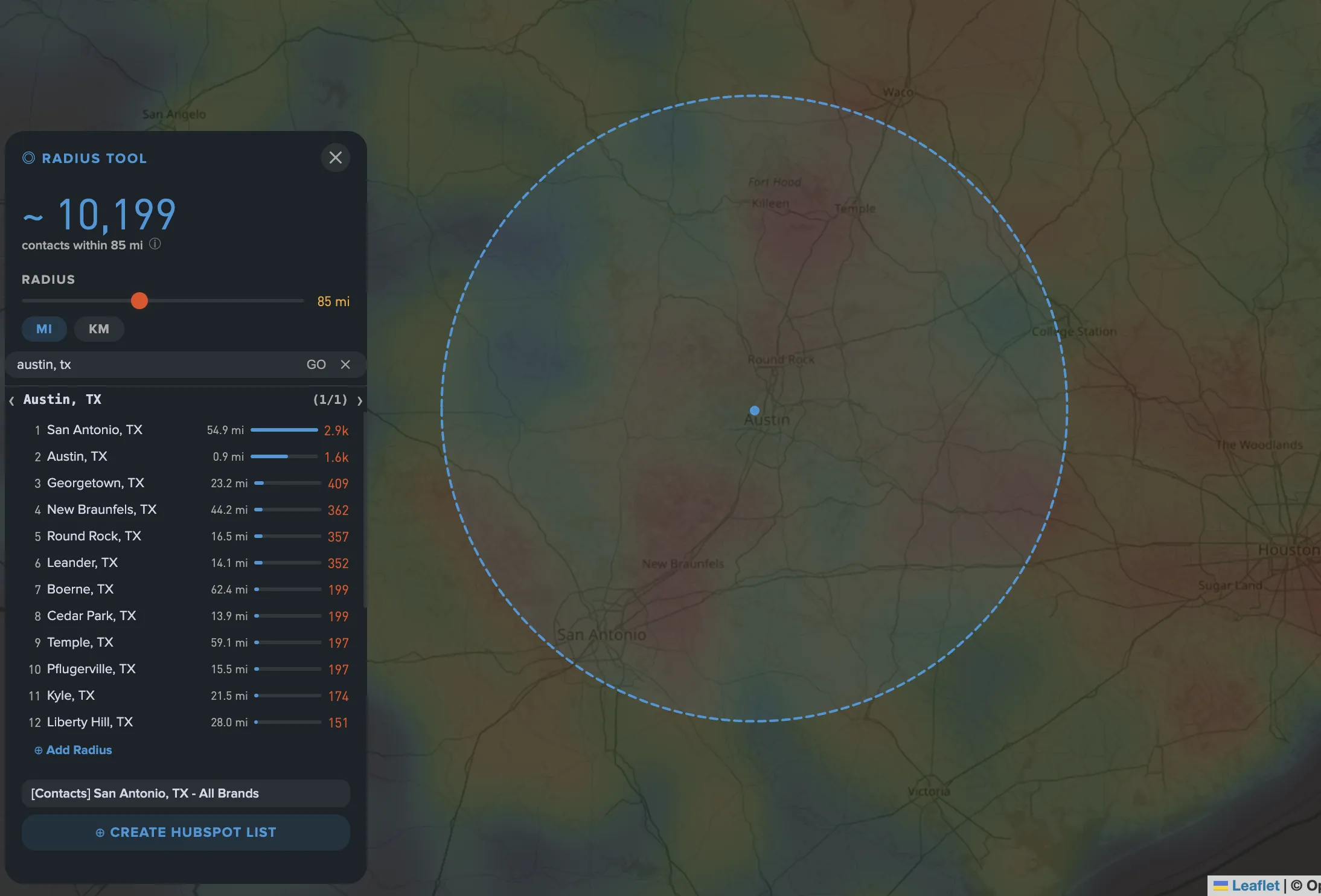 GeoList radius selection and list creation