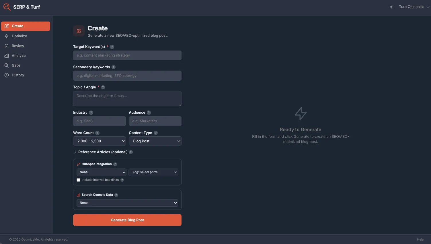 SERP & Turf dashboard showing blog optimization workflow