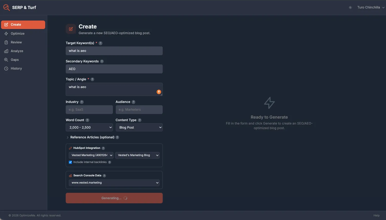 SERP & Turf content generation workflow